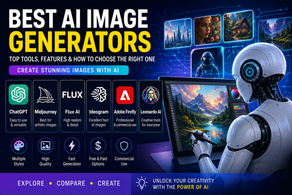 Best AI image generators in 2026 including ChatGPT, Midjourney, Flux AI, Ideogram, Adobe Firefly, and Leonardo AI