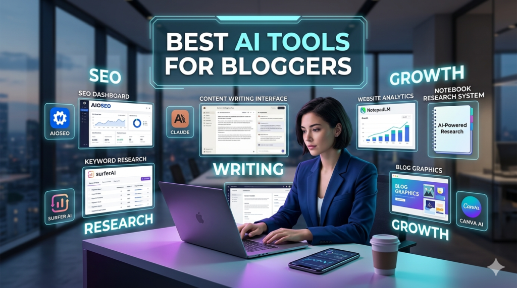 Best AI tools for bloggers including Surfer AI, AIOSEO, NotebookLM, Claude, and Canva AI