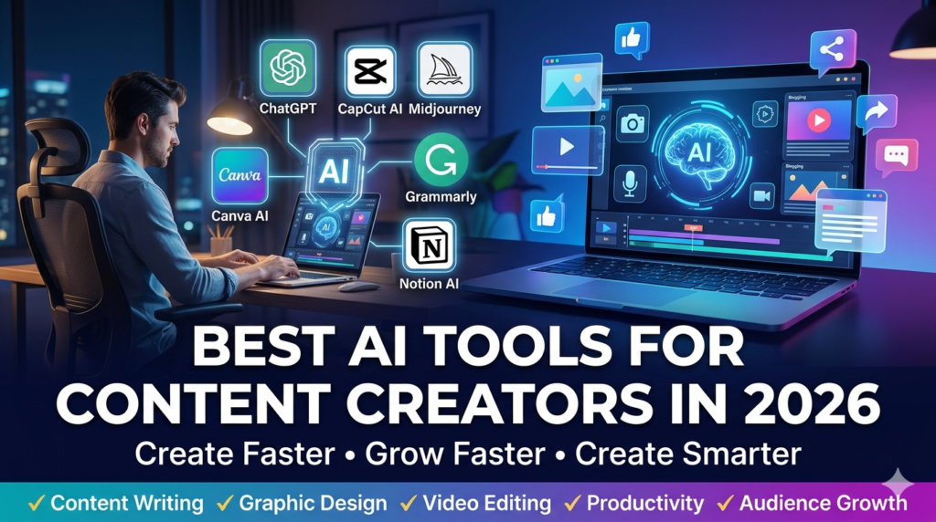 Best AI tools for content creators including ChatGPT, Canva AI, CapCut AI, Midjourney, Grammarly, and Notion AI