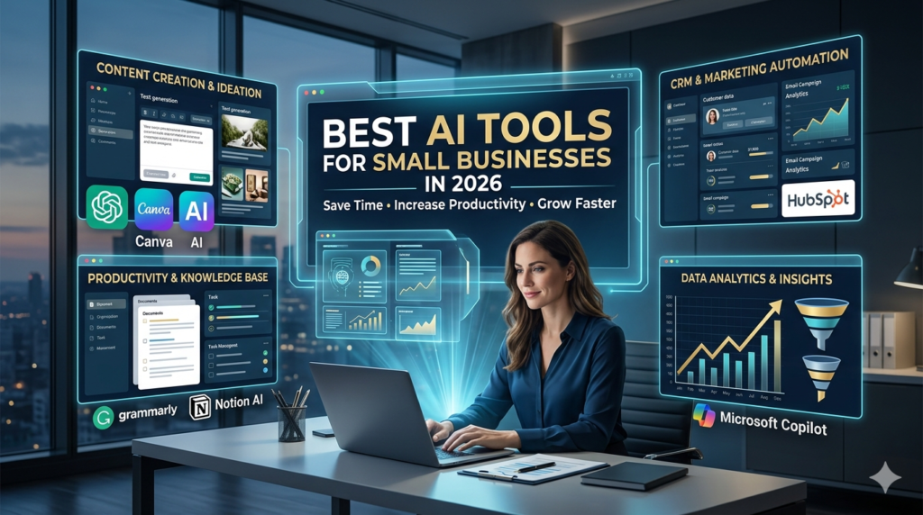 Best AI tools for small businesses including ChatGPT, Canva AI, HubSpot, Grammarly, Notion AI, and Microsoft Copilot
