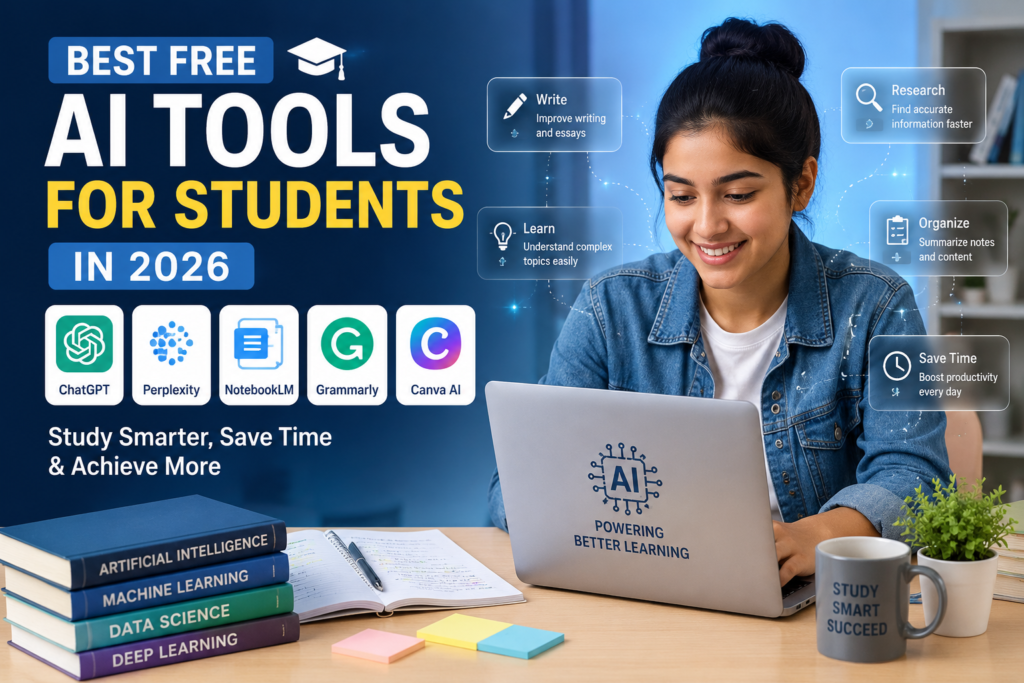 Best free AI tools for students including ChatGPT, Perplexity, NotebookLM, Grammarly, and Canva AI