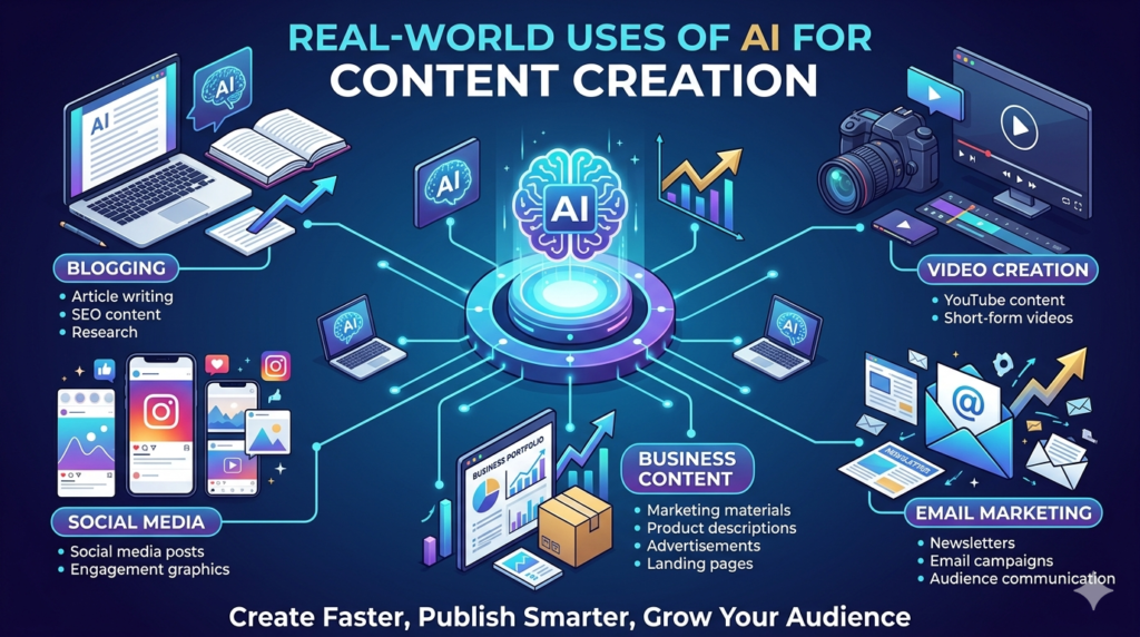 Real-world uses of AI for content creation including blogging, video creation, social media marketing, email marketing, and business content