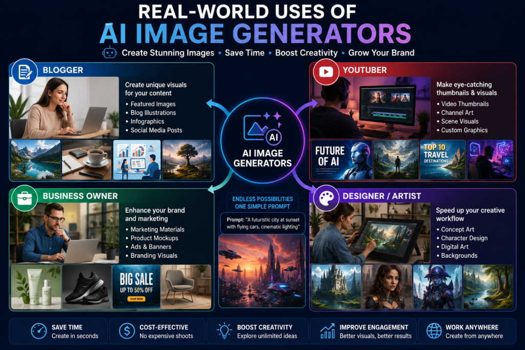 Real-world uses of AI image generators for bloggers, YouTubers, businesses, designers, and content creators