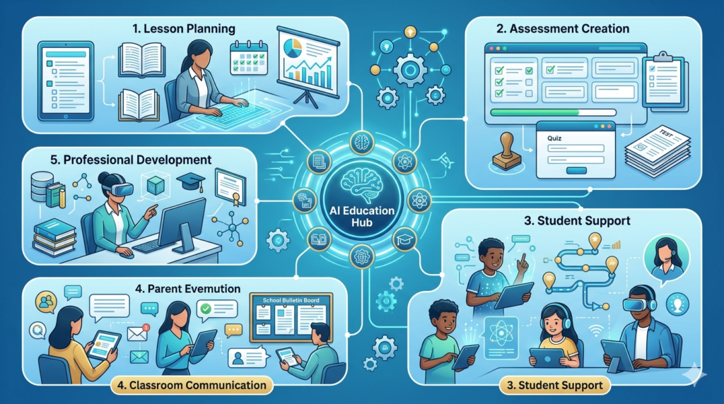 Real-world applications of artificial intelligence in education including lesson planning, assessment creation, student support, classroom communication, and professional development