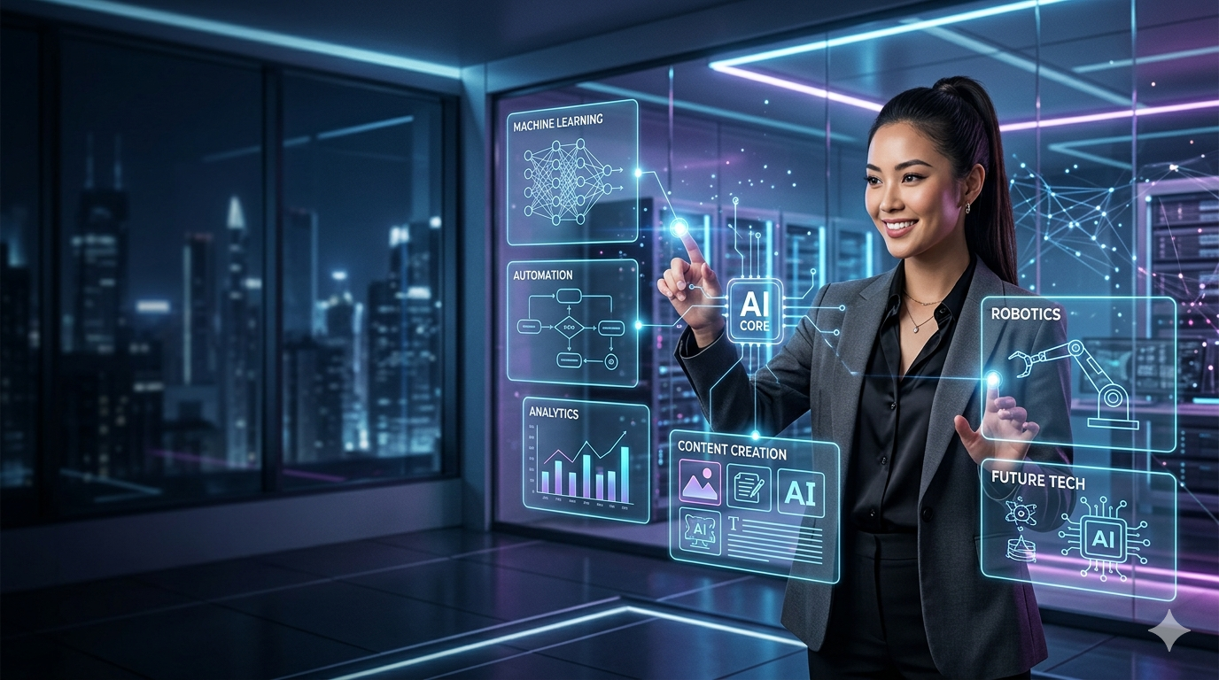Professional woman using advanced AI tools and futuristic technology dashboard