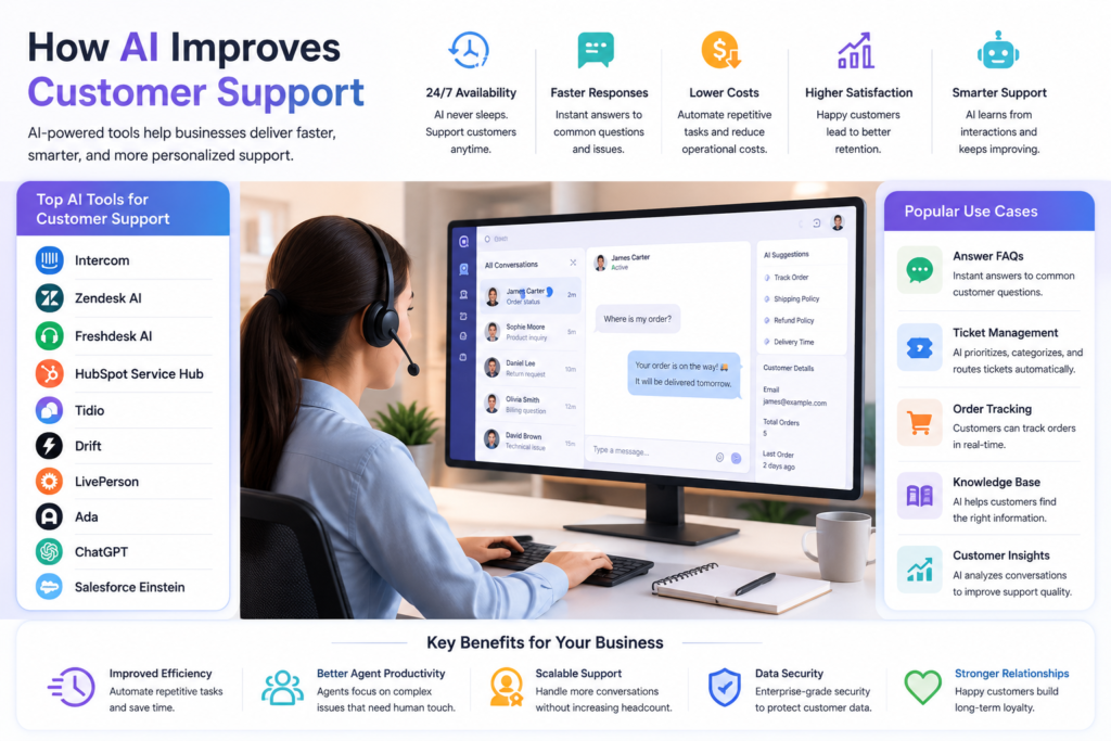 AI customer support tools comparison guide featuring Intercom, Zendesk, Freshdesk, HubSpot Service Hub, Tidio, Drift, LivePerson, Ada, ChatGPT, and Salesforce Einstein