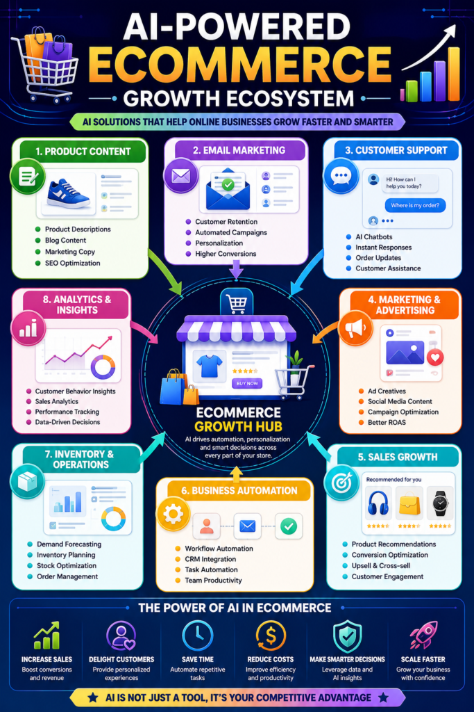 AI-powered ecommerce growth ecosystem infographic showing content creation, email marketing, customer support, automation, inventory management, and sales growth strategies