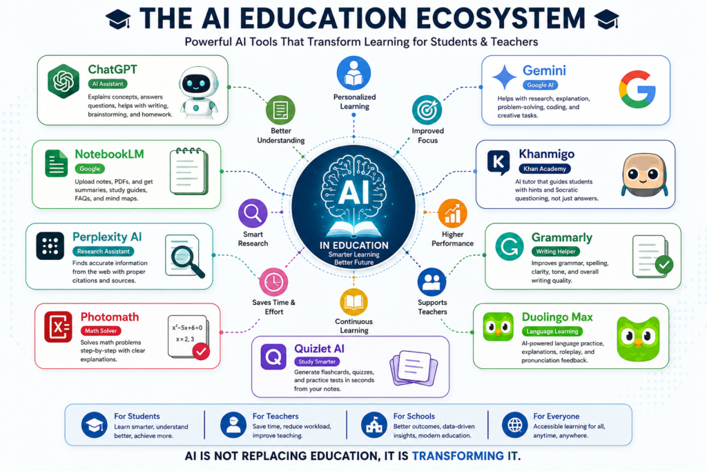 AI education ecosystem infographic showing ChatGPT, Gemini, NotebookLM, Khanmigo, Perplexity AI, Grammarly, Photomath, Duolingo Max, and Quizlet AI for students and teachers