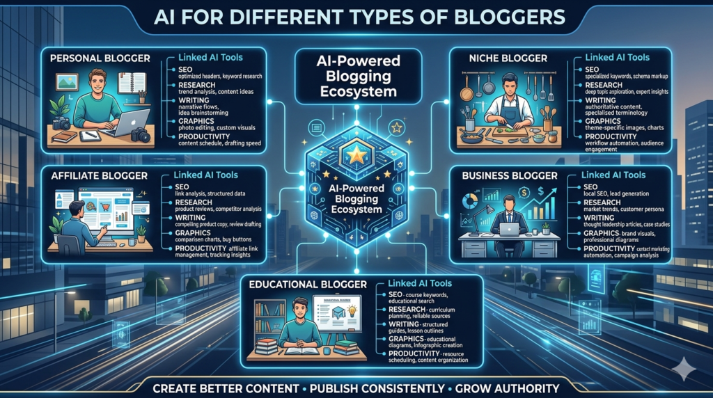 Infographic showing how AI tools help personal bloggers, affiliate bloggers, niche bloggers, business bloggers, and educational bloggers