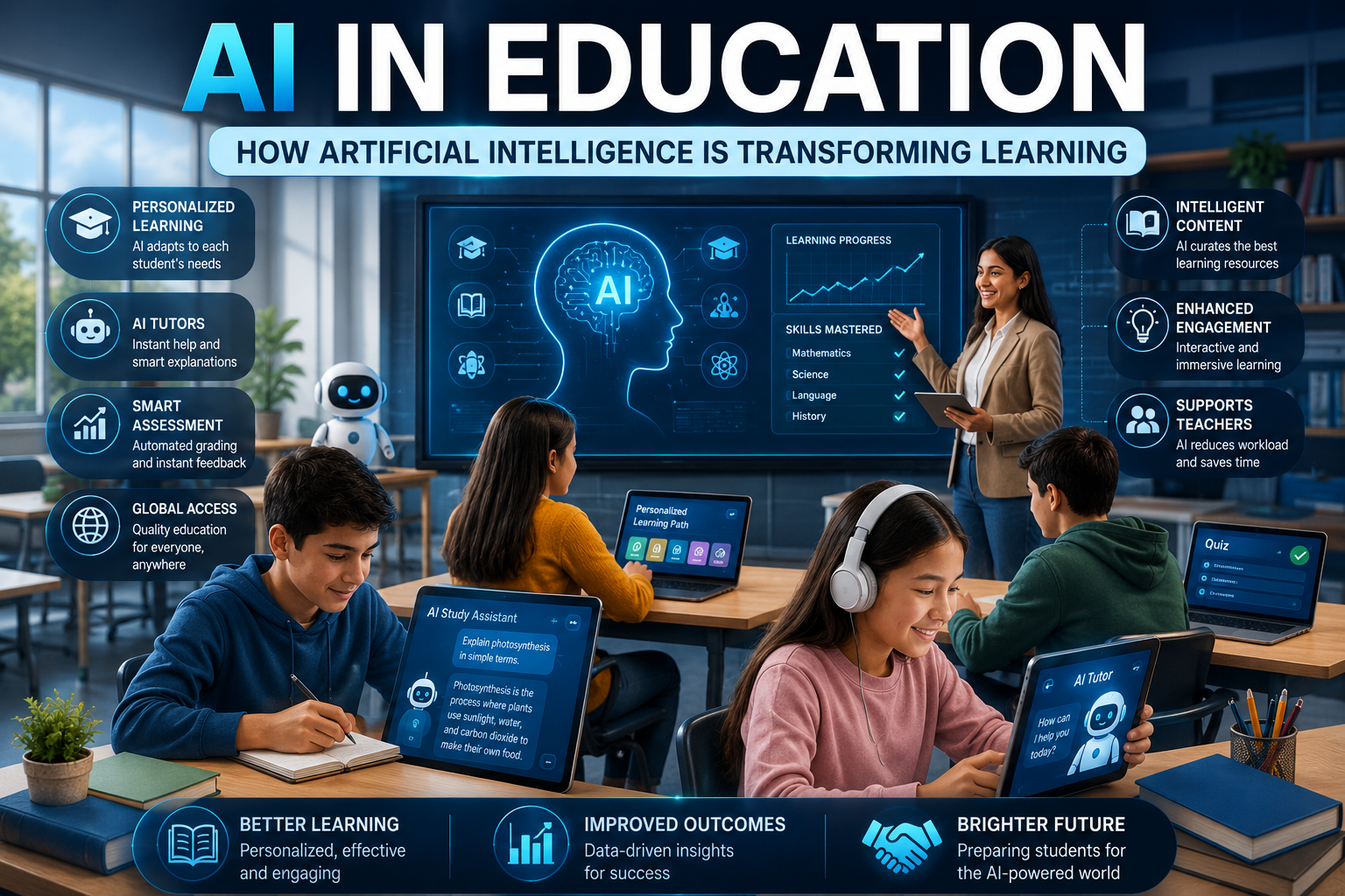 AI in Education showing students, teachers, and AI-powered learning technologies in a modern classroom