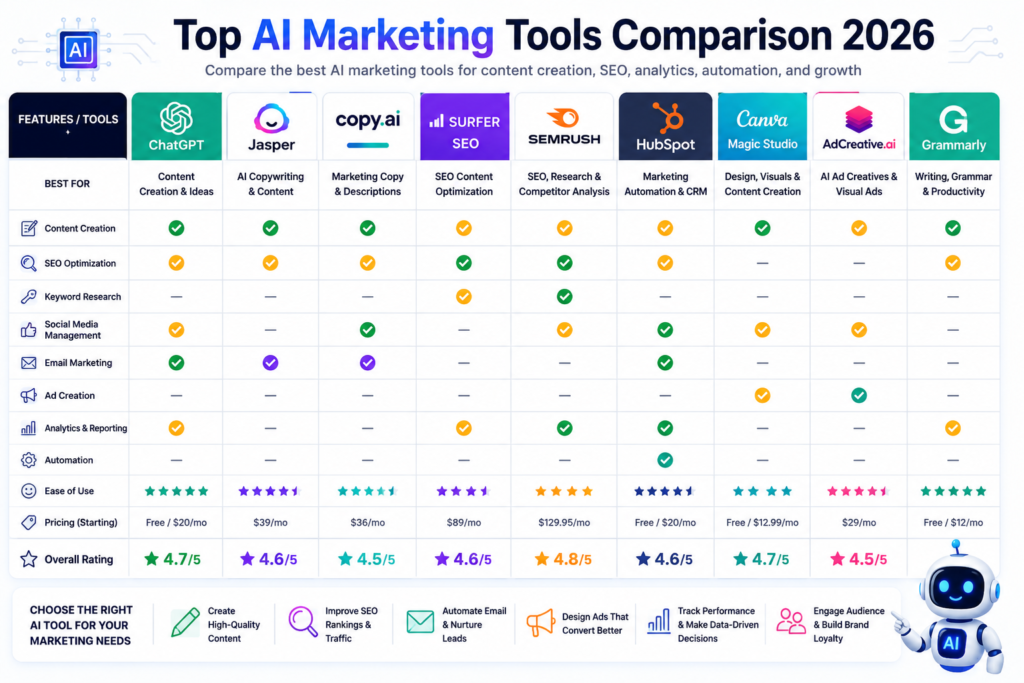 AI Marketing Tools Comparison 2026