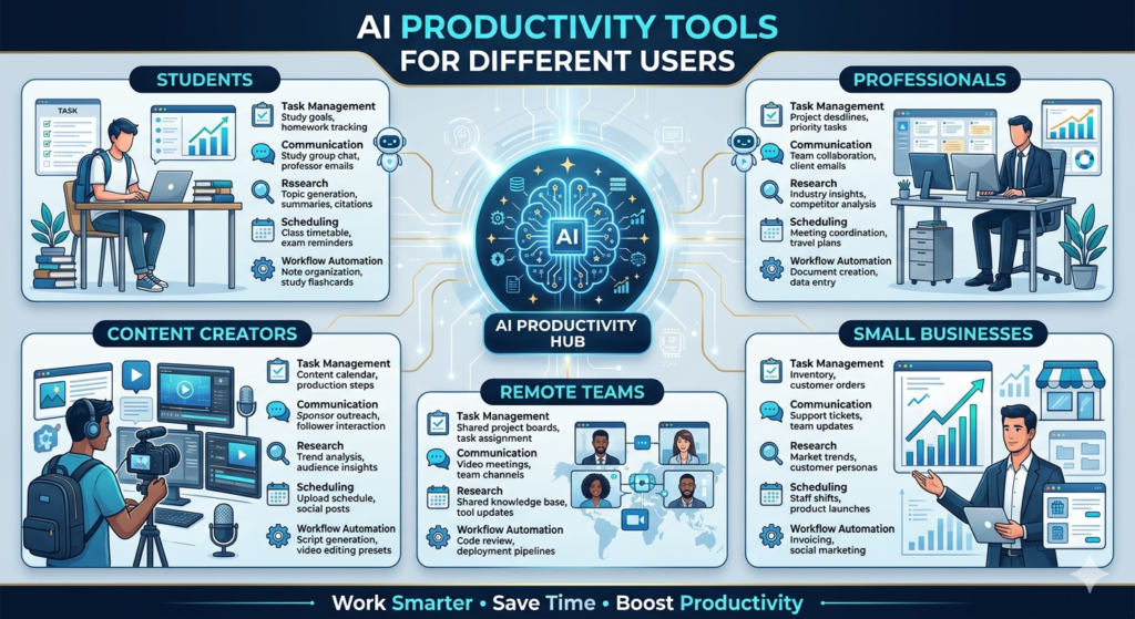 Infographic showing AI productivity tools for students, professionals, content creators, small businesses, and remote teams