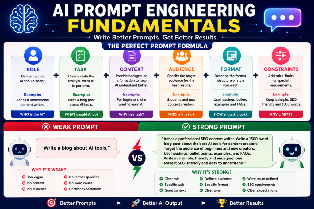 AI Prompt Engineering Guide prompt formula and weak vs strong prompt comparison