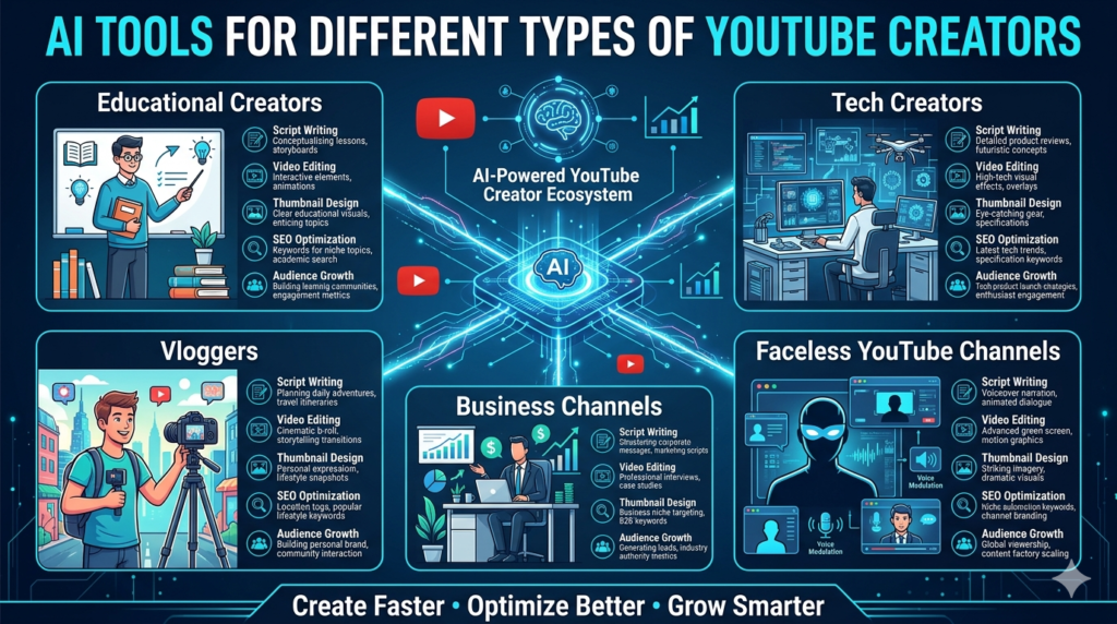 Infographic showing AI tools for educational creators, vloggers, business channels, tech creators, and faceless YouTube channels