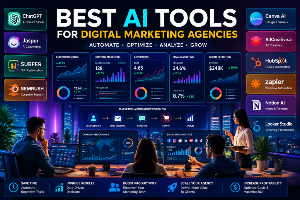 Best AI Tools for Digital Marketing Agencies for SEO, content marketing, advertising, automation, and client reporting