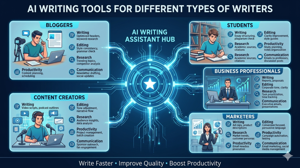 Infographic showing how AI writing tools help bloggers, students, content creators, marketers, and business professionals