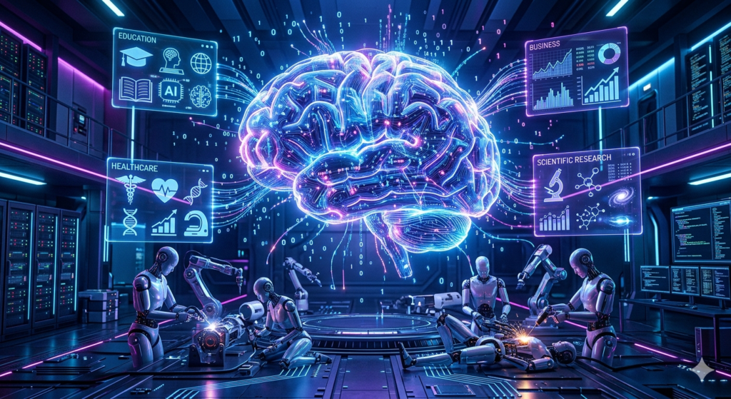 Artificial Intelligence Complete Guide for Beginners covering AI history, types, applications, benefits, risks, and future trends