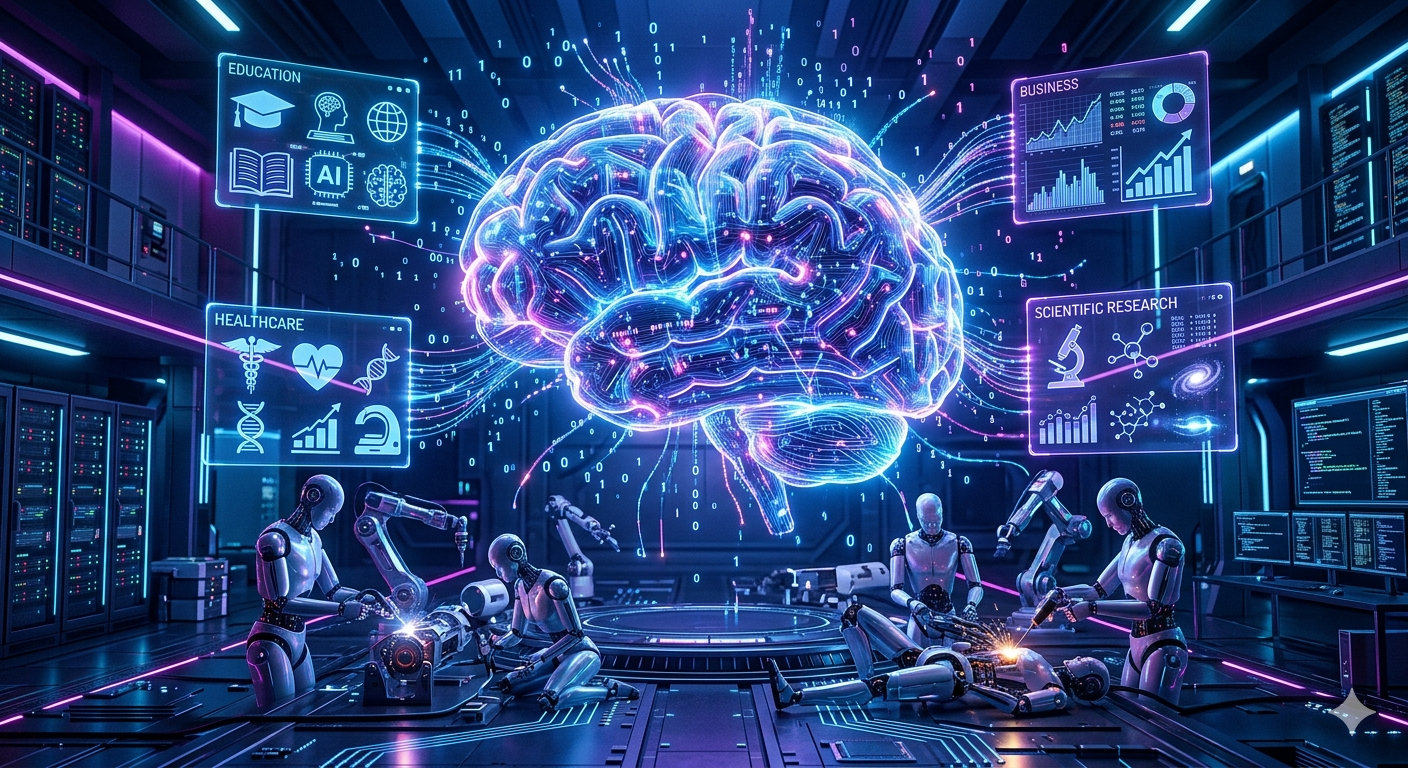 Artificial Intelligence Complete Guide for Beginners covering AI history, types, applications, benefits, risks, and future trends