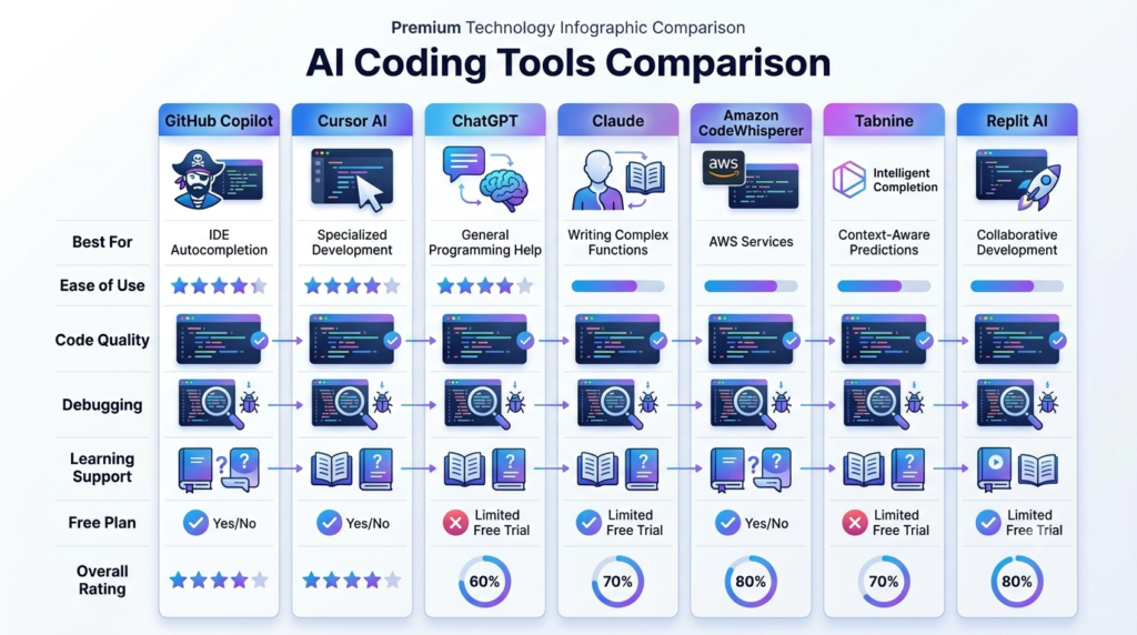 Comparison chart of GitHub Copilot, Cursor AI, ChatGPT, Claude, Amazon CodeWhisperer, Tabnine, and Replit AI.