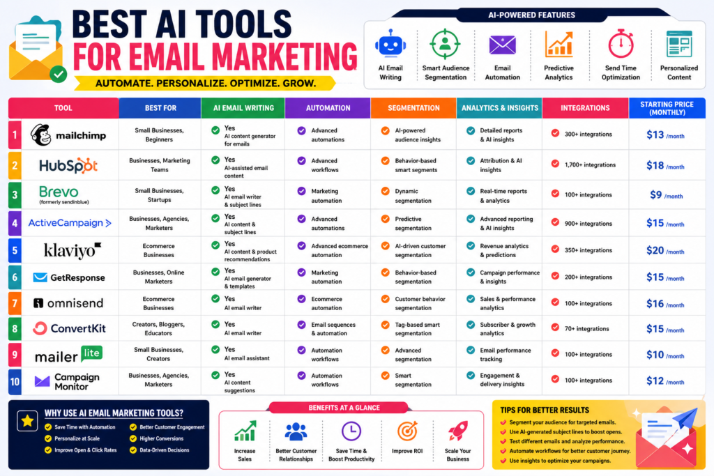 Comparison chart of the best AI email marketing tools including Mailchimp, HubSpot, Brevo, ActiveCampaign, Klaviyo, GetResponse, Omnisend, ConvertKit, MailerLite, and Campaign Monitor
