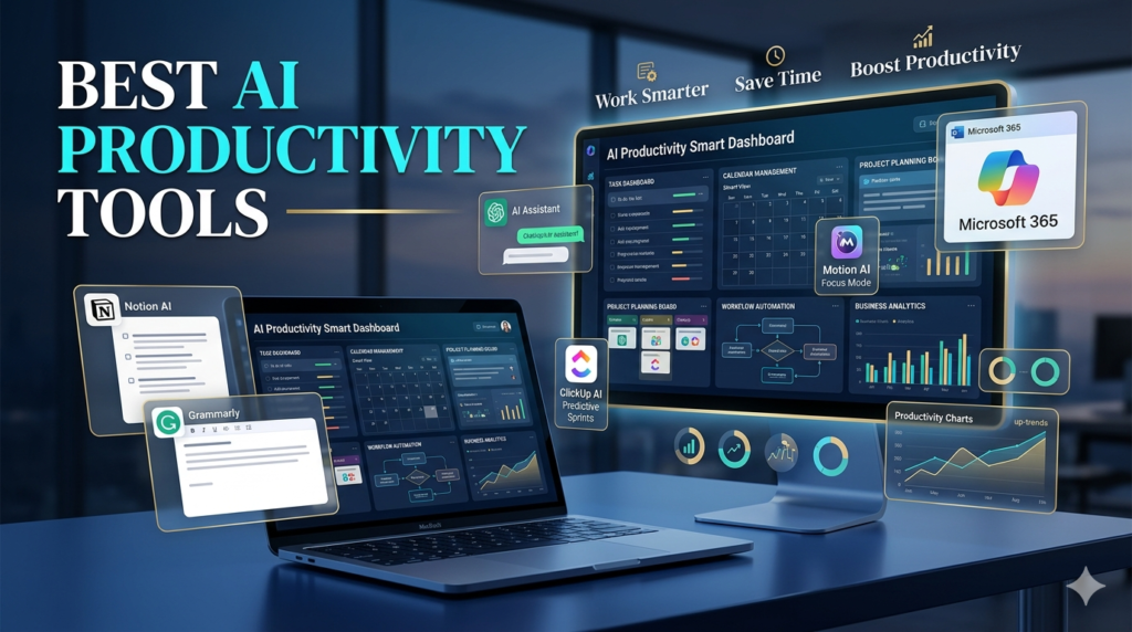 Best AI productivity tools in 2026 including ChatGPT, Notion AI, Microsoft Copilot, Grammarly, Motion AI, and ClickUp AI