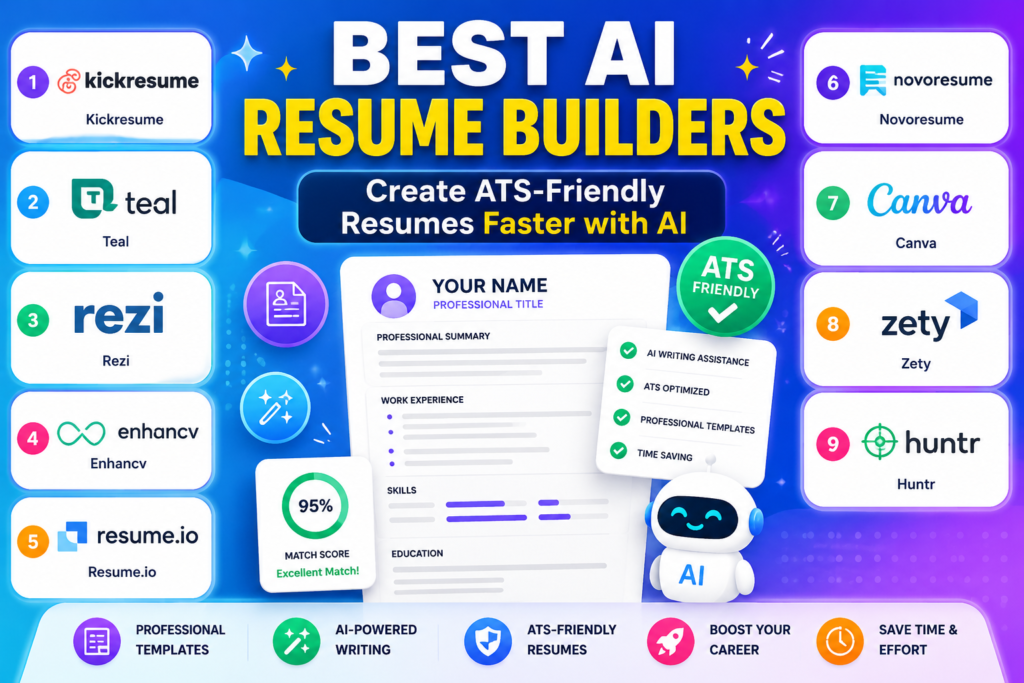 Best AI Resume Builders featuring Kickresume, Teal, Rezi, Canva, Zety, and other AI resume creation tools