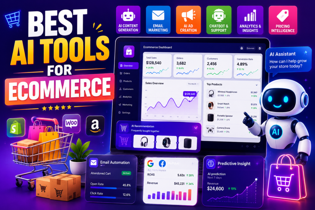 Best AI tools for ecommerce featuring AI-powered marketing, product recommendations, customer support, automation, pricing intelligence, and ecommerce growth solutions
