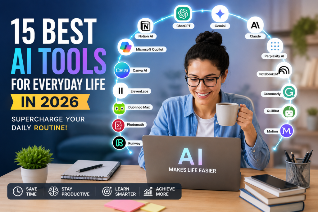 15 Best AI tools for everyday life in 2026 including ChatGPT, Gemini, Claude, Perplexity AI, NotebookLM, Canva AI, Motion, Grammarly, and other daily productivity tools