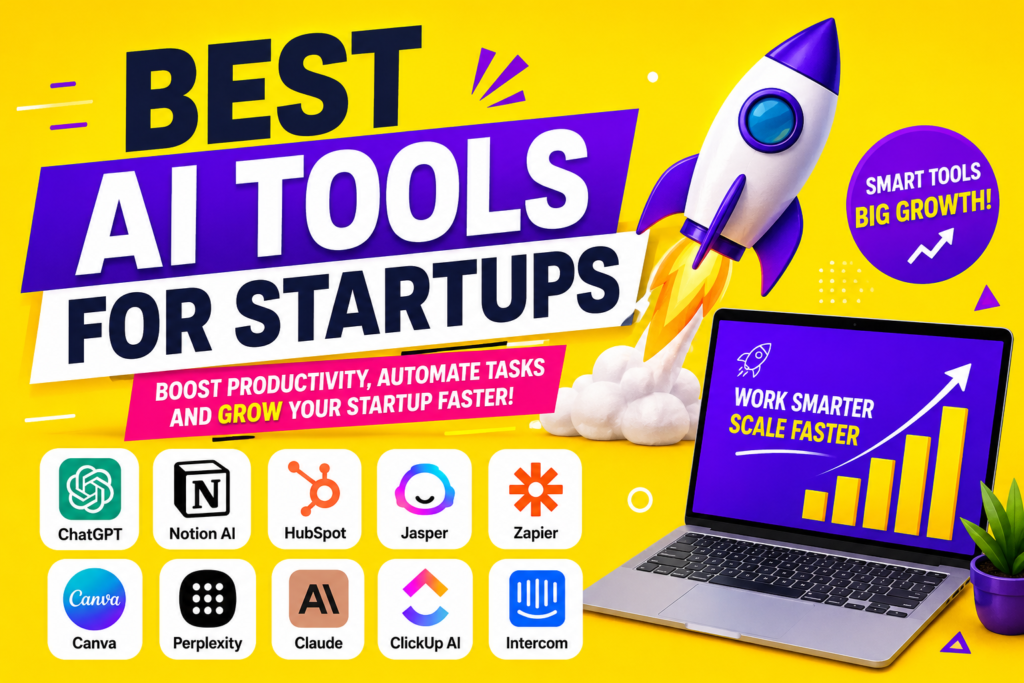 Best AI tools for startups featuring ChatGPT, Notion AI, HubSpot, Jasper, Zapier, Canva, Claude, ClickUp AI, Intercom, and Perplexity