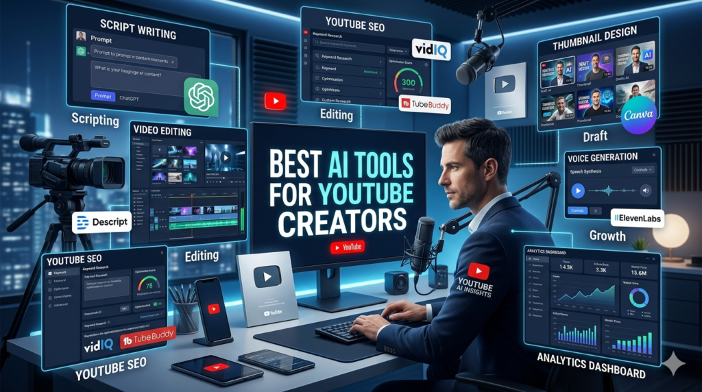 Best AI tools for YouTube creators including ChatGPT, Descript, VidIQ, TubeBuddy, Canva AI, and ElevenLabs