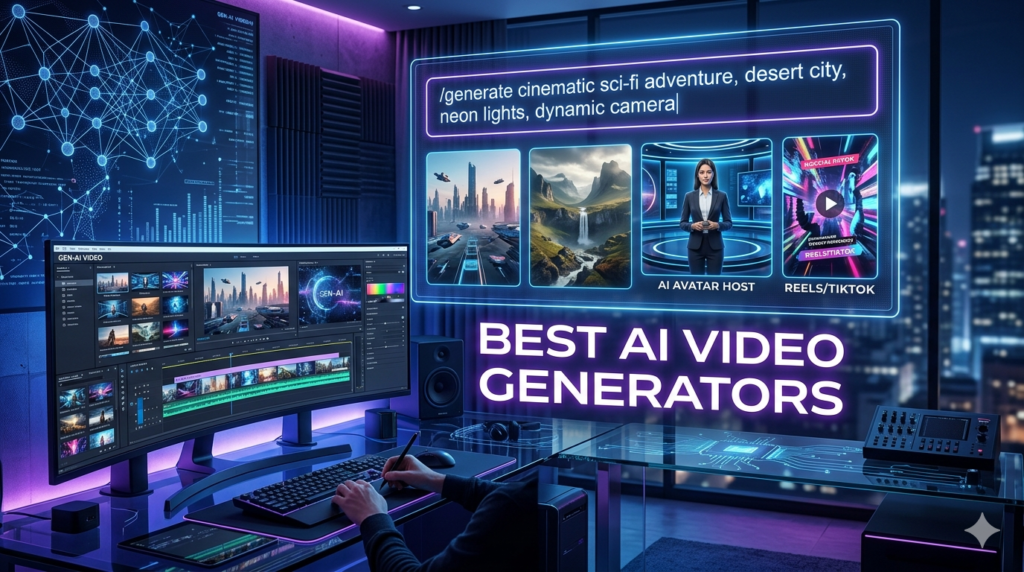 Best AI video generators for creating professional videos, YouTube content, and social media videos.