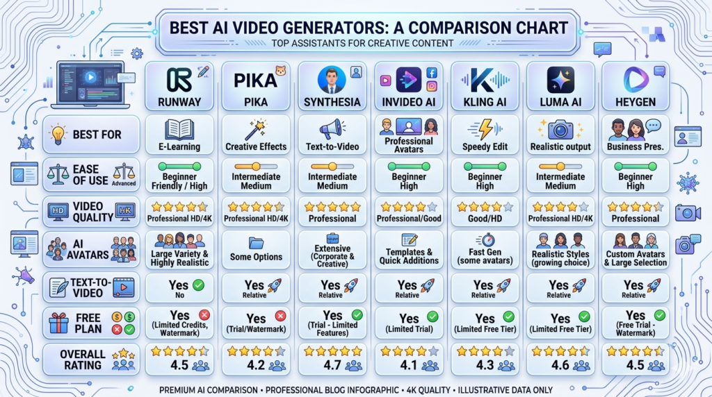 Comparison chart of the best AI video generators including Runway, Pika, Synthesia, InVideo AI, Kling AI, Luma AI, and HeyGen.