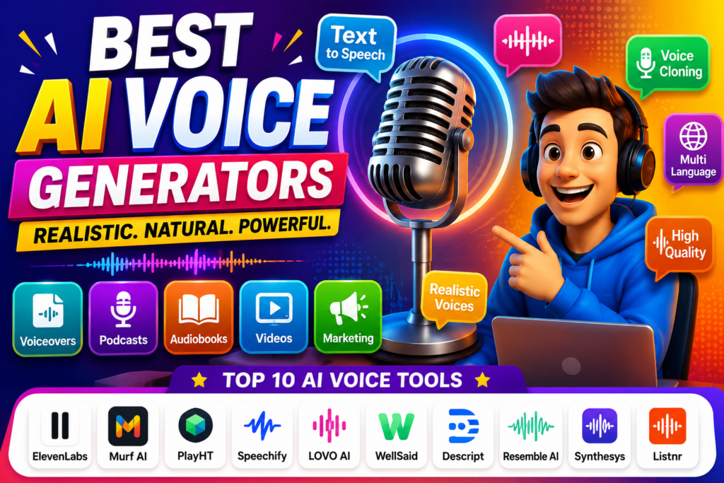 AI voice generators comparison guide showing voice cloning, text to speech, audiobooks, podcasts, video narration, and marketing voiceover tools