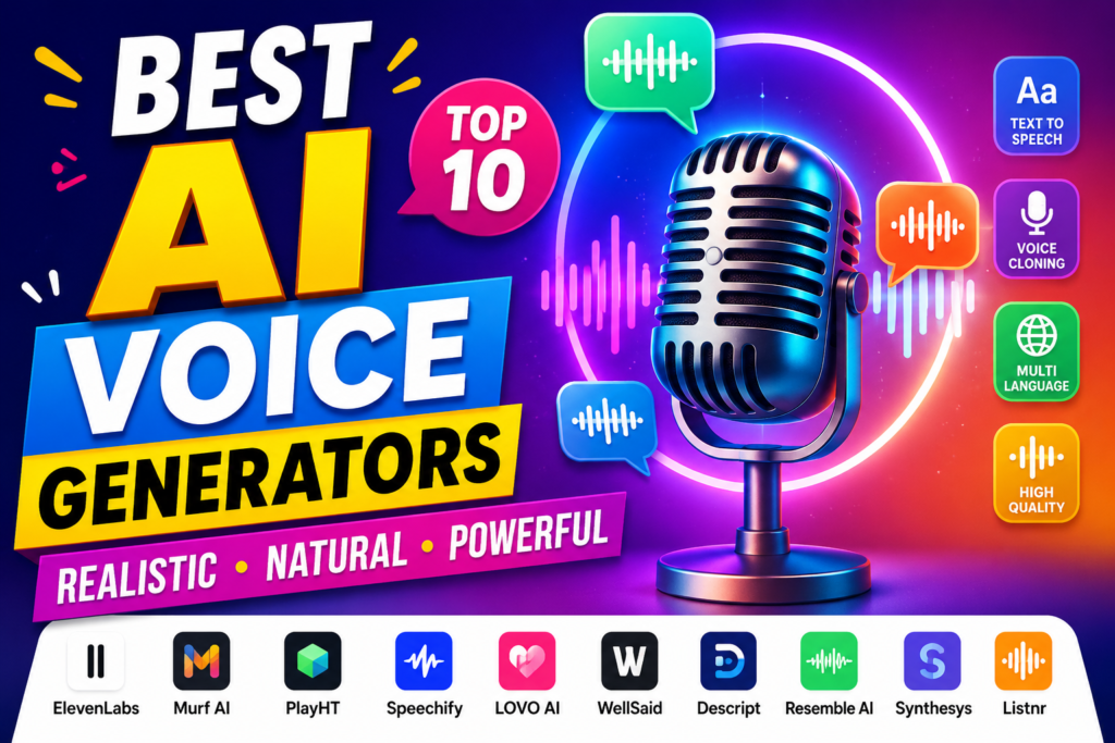 Best AI voice generators featuring ElevenLabs, Murf AI, PlayHT, Speechify, LOVO AI, Descript, Resemble AI, and other realistic AI voice tools