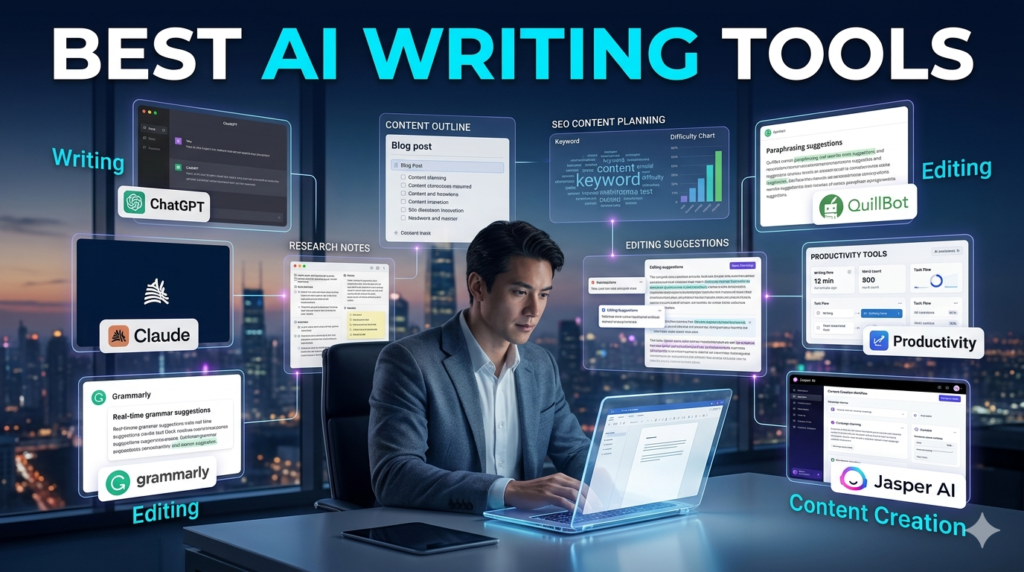 Best AI writing tools in 2026 including ChatGPT, Claude, Grammarly, QuillBot, and Jasper AI