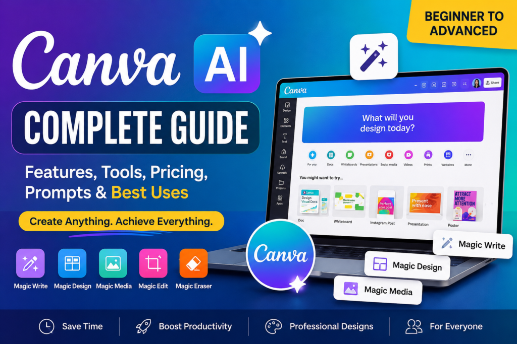 Canva AI Complete Guide showing Canva AI tools, Magic Studio, AI design features, prompts, and creative workflow.