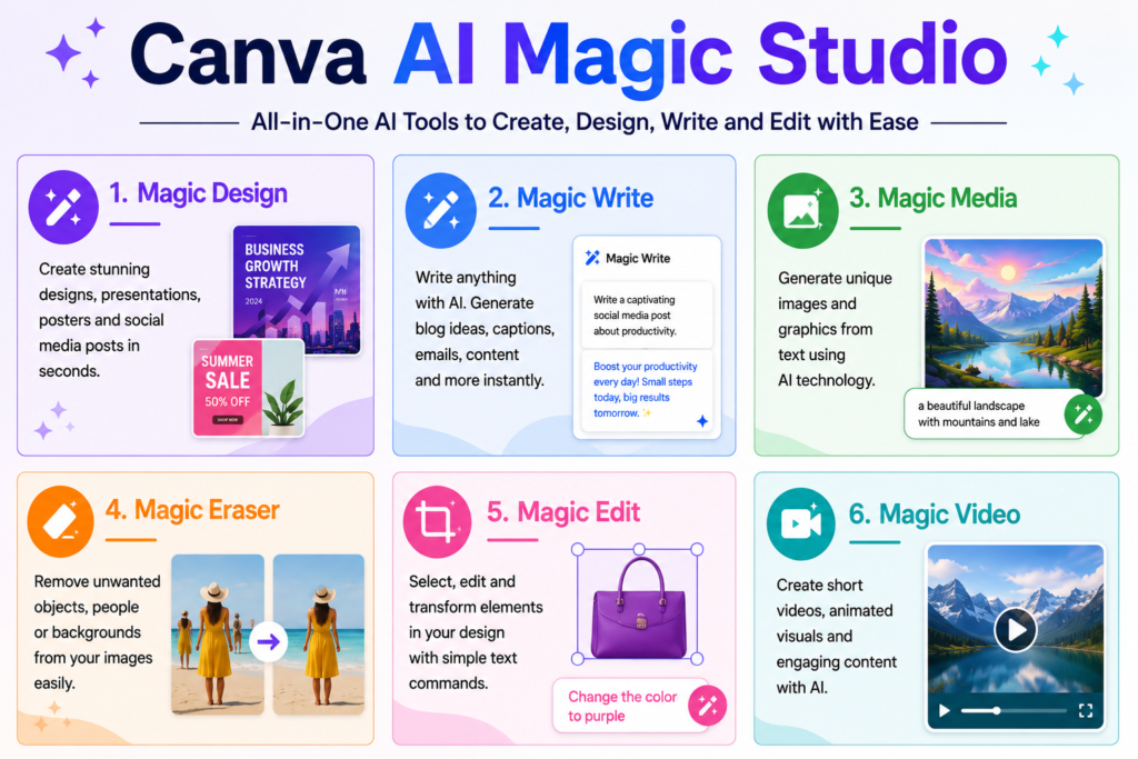 Canva AI Complete Guide infographic showing Canva AI Magic Studio, Magic Design, Magic Write, Magic Media, Magic Eraser, Magic Edit, and Magic Video features.