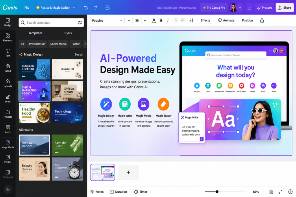 Canva AI Complete Guide showing a Canva AI workspace with Magic Studio, Magic Design, Magic Write, Magic Media, and AI-powered design tools.