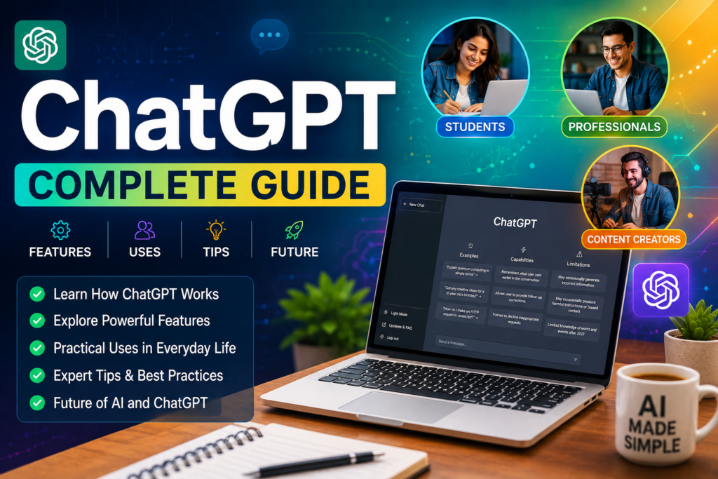 ChatGPT Complete Guide for Beginners with features, uses, prompts, and practical applications
