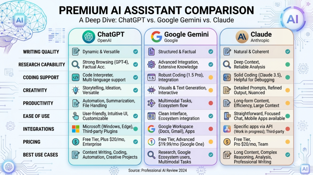 Feature comparison chart of ChatGPT, Gemini, and Claude including writing, coding, research, and productivity capabilities.