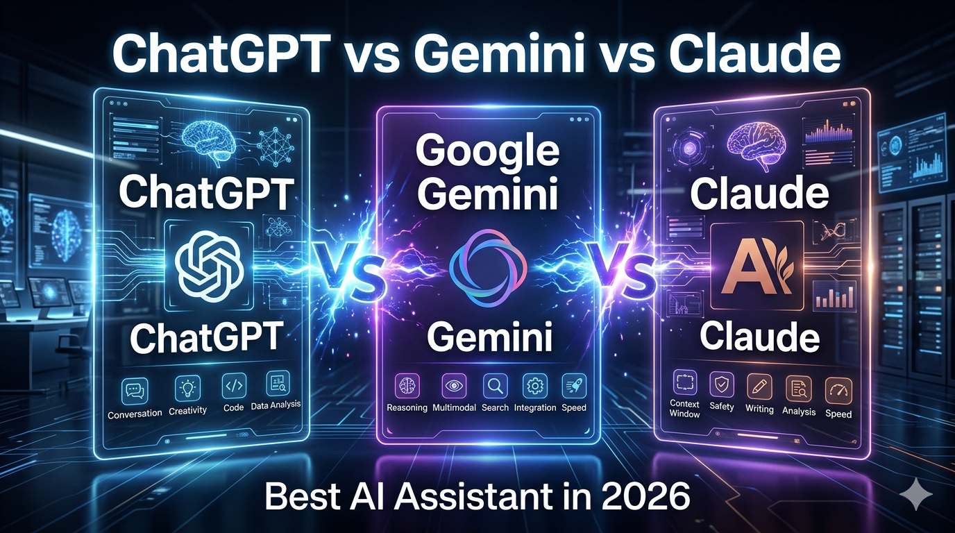 ChatGPT vs Gemini vs Claude comparison showing the best AI assistant for writing, coding, research, and productivity in 2026.