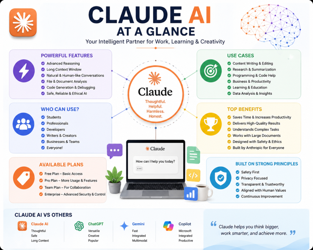 Claude AI Complete Guide infographic showing Claude AI features, models, pricing, use cases, benefits, and comparison.