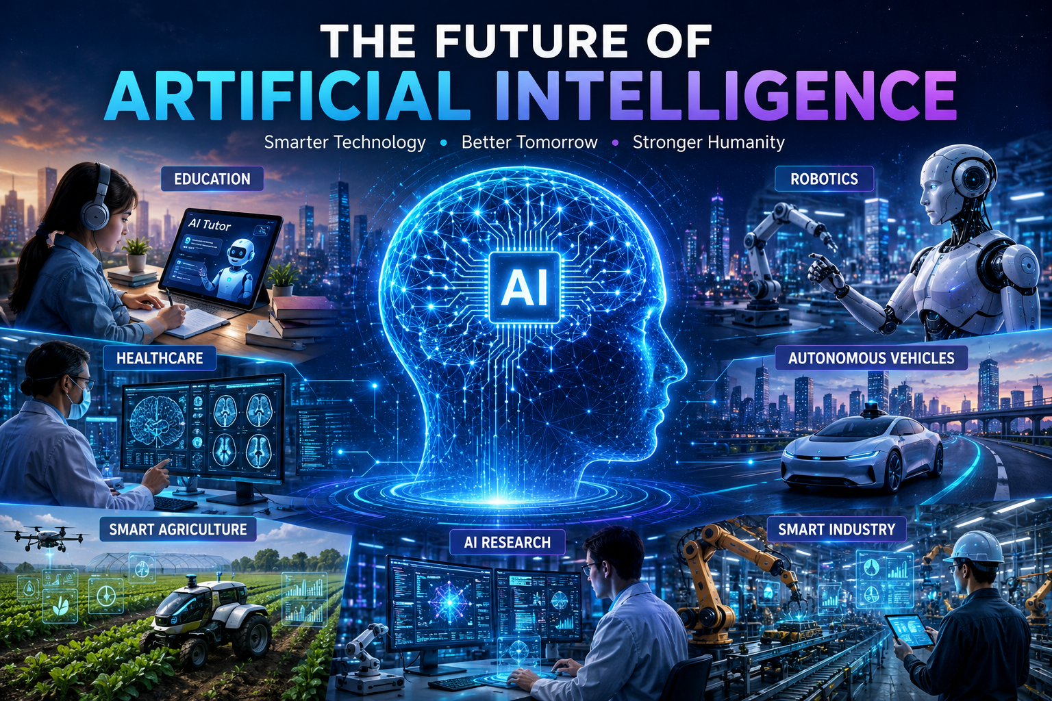 Future of artificial intelligence showing AI-powered education, healthcare, robotics, autonomous vehicles, smart agriculture, scientific research, and intelligent industries