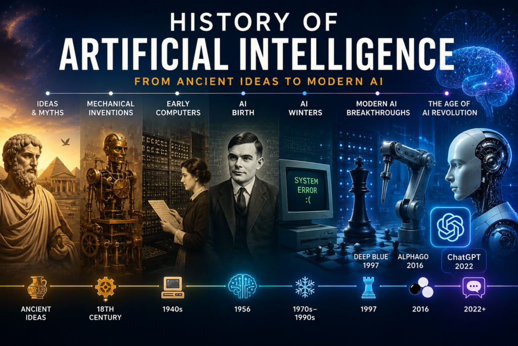 History of Artificial Intelligence timeline from ancient ideas to modern AI