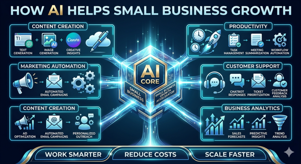 Infographic showing how AI helps small business growth through marketing automation, customer support, content creation, productivity, and analytics