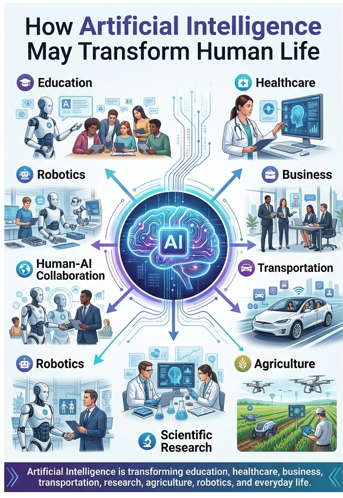 Artificial intelligence ecosystem showing its impact on education, healthcare, business, transportation, agriculture, robotics, scientific research, and human-AI collaboration