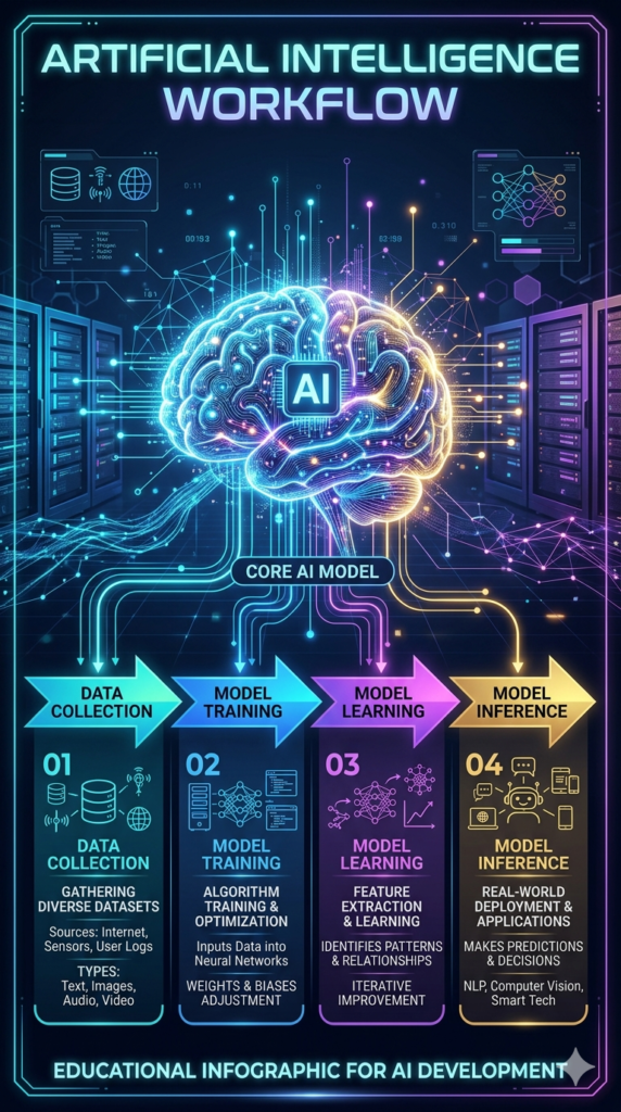 Artificial Intelligence workflow showing data collection training learning and inference