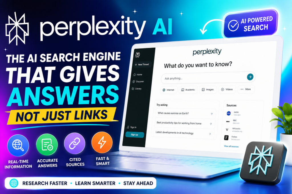 Perplexity AI Complete Guide featuring AI-powered search, real-time web search, source citations, accurate answers, and intelligent research capabilities.