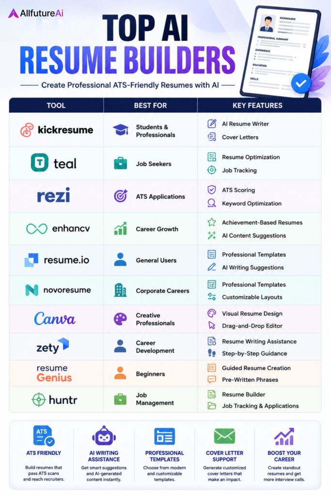 Top AI resume builders comparison chart showing Kickresume, Teal, Rezi, Enhancv, Resume.io, Novoresume, Canva, Zety, Resume Genius, and Huntr