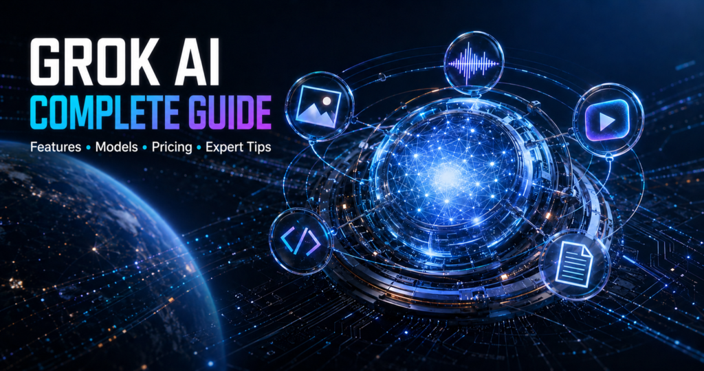 Grok AI Complete Guide featuring real-time search, coding, voice, image, video and document tools